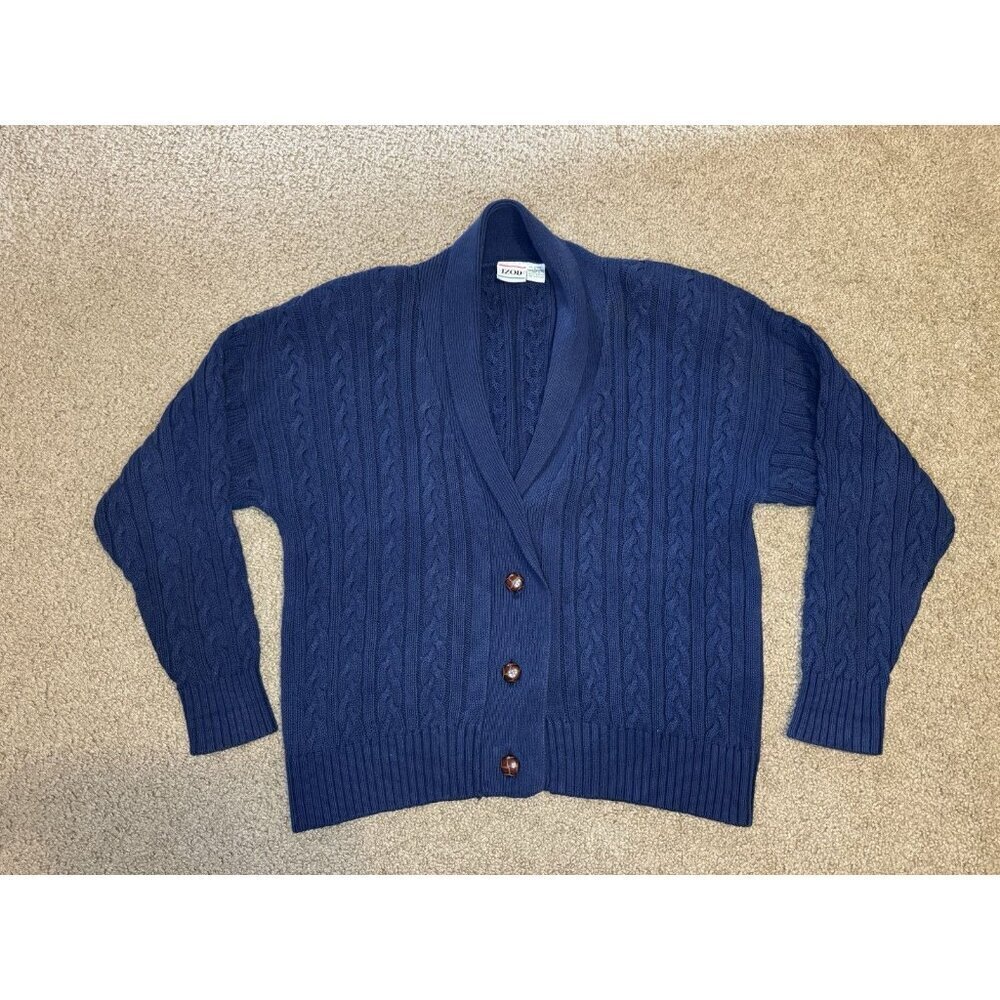 VTG IZOD Cable Knit Thick Shawl Collar Cardigan Sweater Navy Preppy Academia L